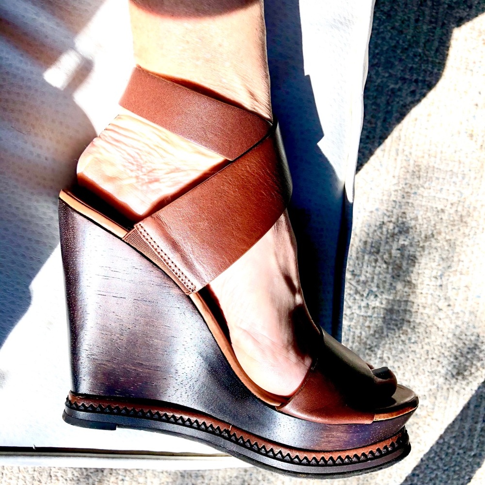 DVF brown leather and wood platform